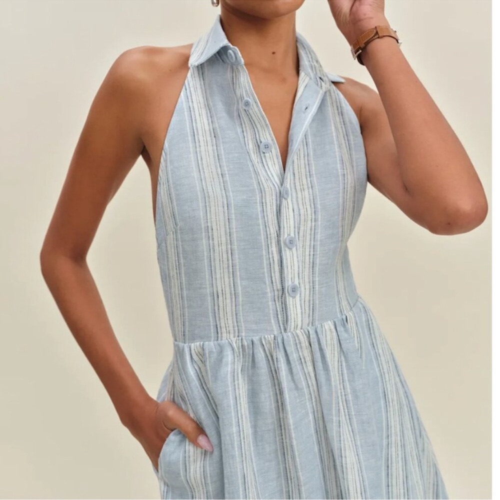 Reformation Light Blue & White Striped Halter Midi Dress - Picture 4 of 7